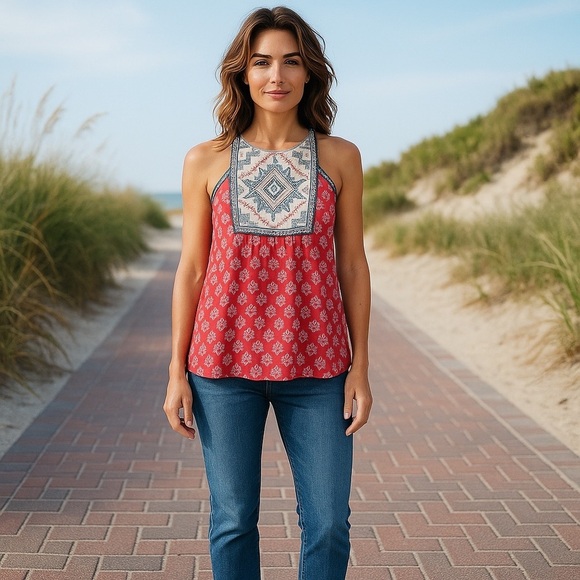 EXHILARATION WOMENS MEDIUM RED BLUE WHITE SLEEVELESS TOP CROSS STITCHED BEACH - Picture 1 of 8